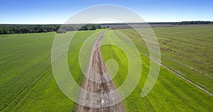 Long narrow ground road between boundless green fields