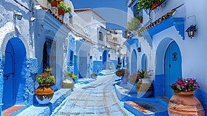 Long narrow street with beautiful blue and white houses decorated with flowers and inspired by Morocco culture