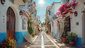 Long narrow street with beautiful blue and white houses decorated with flowers and inspired by Morocco culture