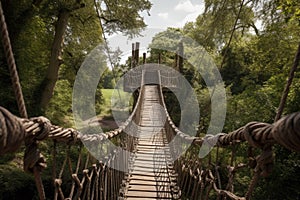 A long narrow suspension bridge with a wooden floor in an adventure rope park. Generative AI