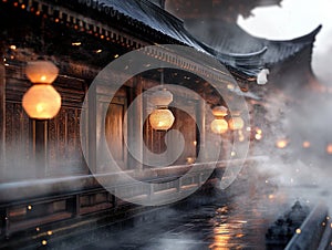 Long, narrow walkway with lanterns hanging from the ceiling