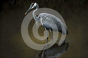 long-necked dark gray crane bird stand on thin paws in water