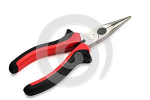 Long needle nose pliers with plastic handle on white background