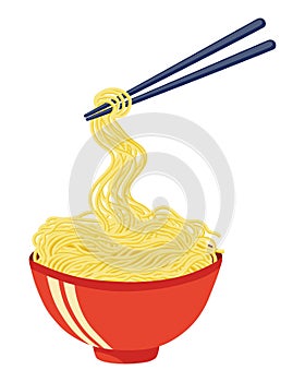 Long noodles ramen in a bowl with chopsticks.