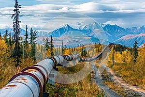 Long oil pipeline traversing a desert landscape at sunset with distant mountains