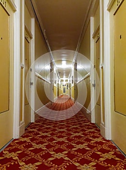 Long old hotel corridor