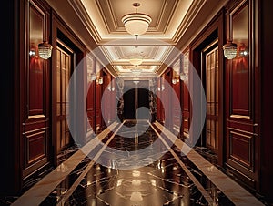 A long, opulent hotel hallway with dark wood paneling and marble floors