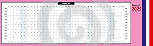 2025 long panoramic planner. Yearly calendar template, one page, simple with copy space horizontal French photo