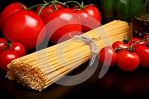 Long pasta raw isolated on black with tomatoes and olive oil