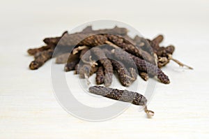 Long pepper or Pipli or Dipli (Piper longum) isolated on wood ba