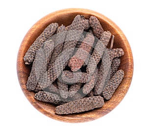 Long pepper in wooden bowl, isolated on white background. Heap of pippali or piper longum. Top view.
