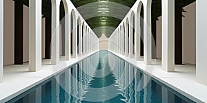 A long pool in a building with columns. Generative AI image.