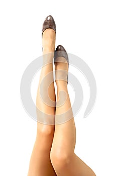 Long pretty woman legs on white background