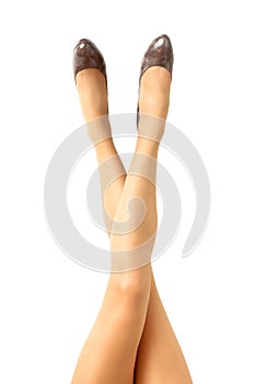 Long pretty woman legs on white background