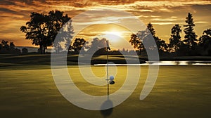 A long putt on the 18th green at sunset closes in. Generative AI