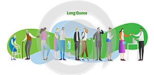 Long queue vector illustration. People crowd with kid, elder, family waiting in line. Client and service employee with problem.
