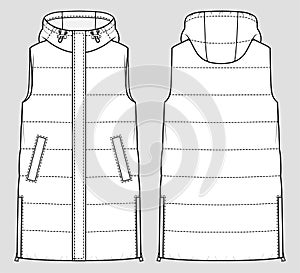 Long quilted gilet. Vector technical sketch. Mockup template