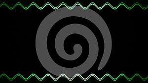 Long, rectangular, horizontal wavy green stripes, lines on a black background, frame with moving light effect. Space for your own