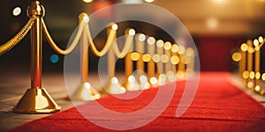 long red carpet between rope barriers background. Red carpet on stairs on dark background. path to glory, victory and success.