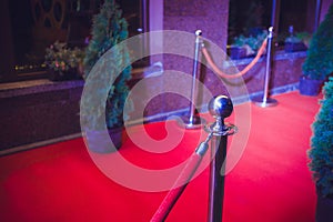 Long red carpet between rope barriers on entrance.