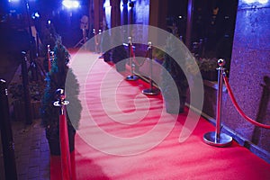 Long red carpet between rope barriers on entrance.