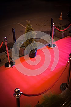 Long red carpet between rope barriers on entrance.