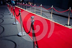 Long red carpet between rope barriers on entrance.