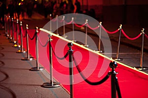 Long red carpet between rope barriers on entrance.