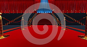 Long red carpet between rope barriers with stair and curtain at the end. Red carpet and path barriers 3d. VIP event