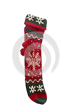 Long red and green knitted Christmas stocking with string and po