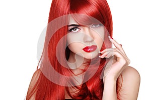 Long red hair. Fashion beautiful girl with makeup, glossy wavy h