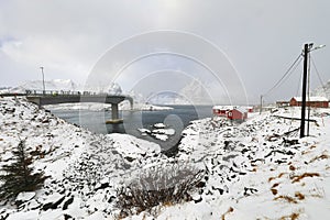 Long road bridge. Beautiful Norway landscape. Lofoten islands.