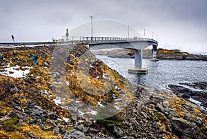 Long road bridge. Beautiful Norway landscape. Lofoten islands.