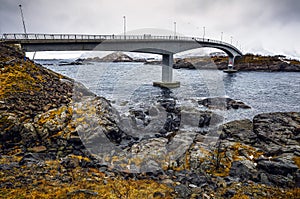 Long road bridge. Beautiful Norway landscape. Lofoten islands.