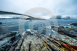 Long road bridge. Beautiful Norway landscape. Lofoten islands.