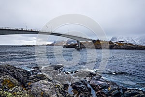 Long road bridge. Beautiful Norway landscape. Lofoten islands.