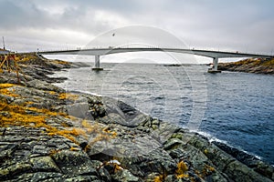 Long road bridge. Beautiful Norway landscape. Lofoten islands.