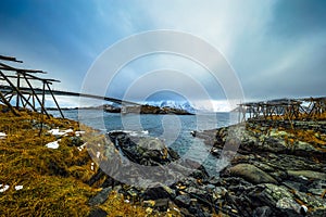 Long road bridge. Beautiful Norway landscape. Lofoten islands.