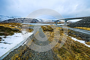 Long road bridge. Beautiful Norway landscape. Lofoten islands.