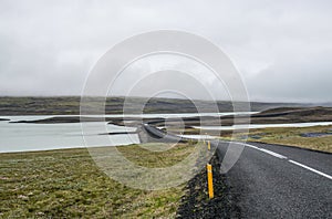 Long road crossing the famous Mossy lava field, Iceland