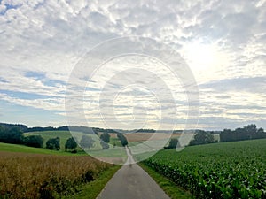 A long road in a landscape of German countryside in Baden-Wurrtemberg, with carriage