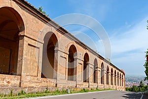 Long row arches of exterior of heritage landmark portico San Luca