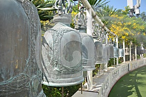 Long row of bells at The golden mount temple. Important tourist attractions in Thailand are popular with foreigners