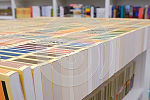 A long row of books. Low depth of field