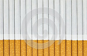 Long row of cigarettes with orange filter tips