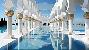 A long row of columns with a pool in front of them. Generative AI image.