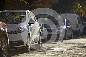 Long row of different cars and vans parked along roadside on sunny autumn day on blurred green golden foliage bokeh background.