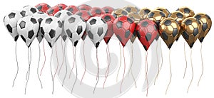 Long row multicolored balloons in a form soccer balls with white and black segment. Big football feast, holiday