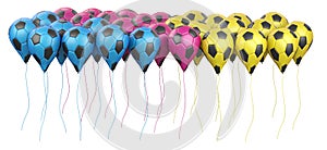 Long row multicolored balloons in a form soccer balls with white and black segment. Big football feast, holiday