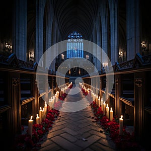 a long row of pews lined with candles in a church